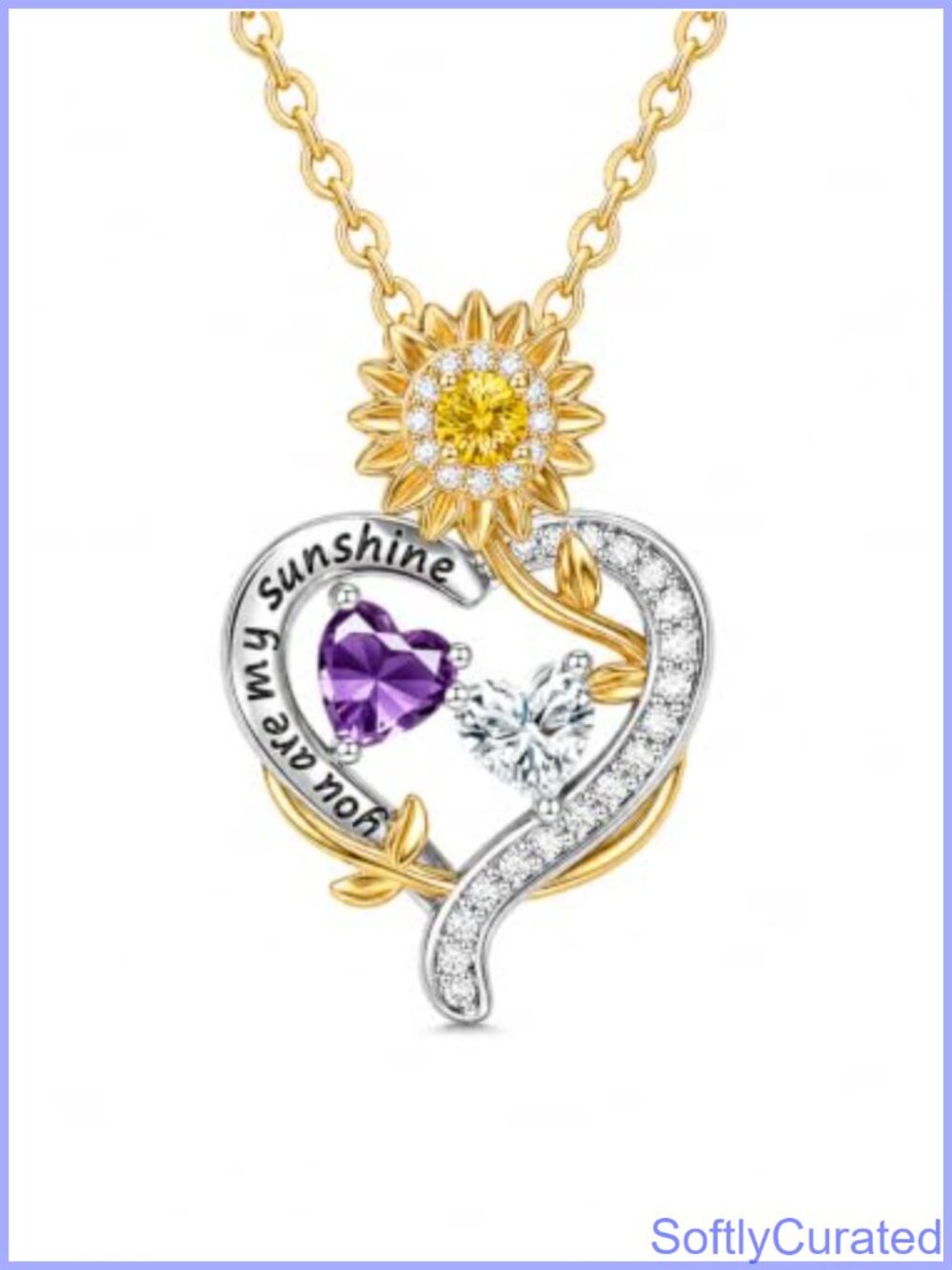 14K Gold Plated Sunflower Heart Necklace Double Birthstone Pendant